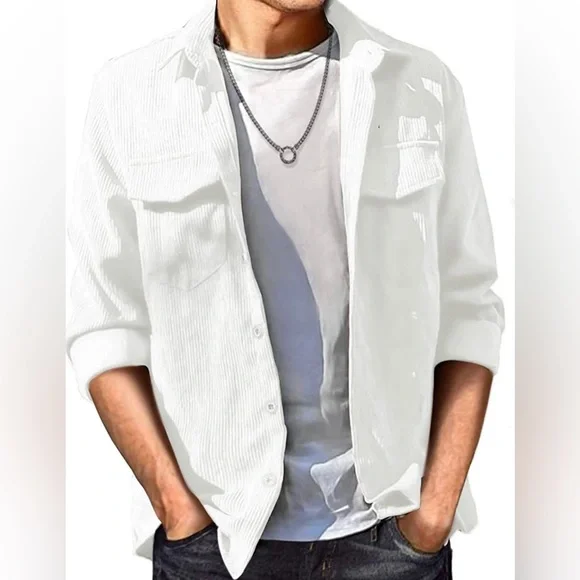 BRAND NEW MENS WHITE CASUAL BUTTON DOWN CORDUROY OVERSHIRT NWT - Picture 2 of 4